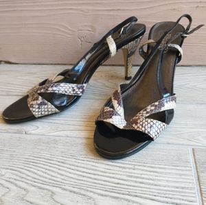 Franco Sarto Size 9M Black Snake Print Leather Open Toe Heels